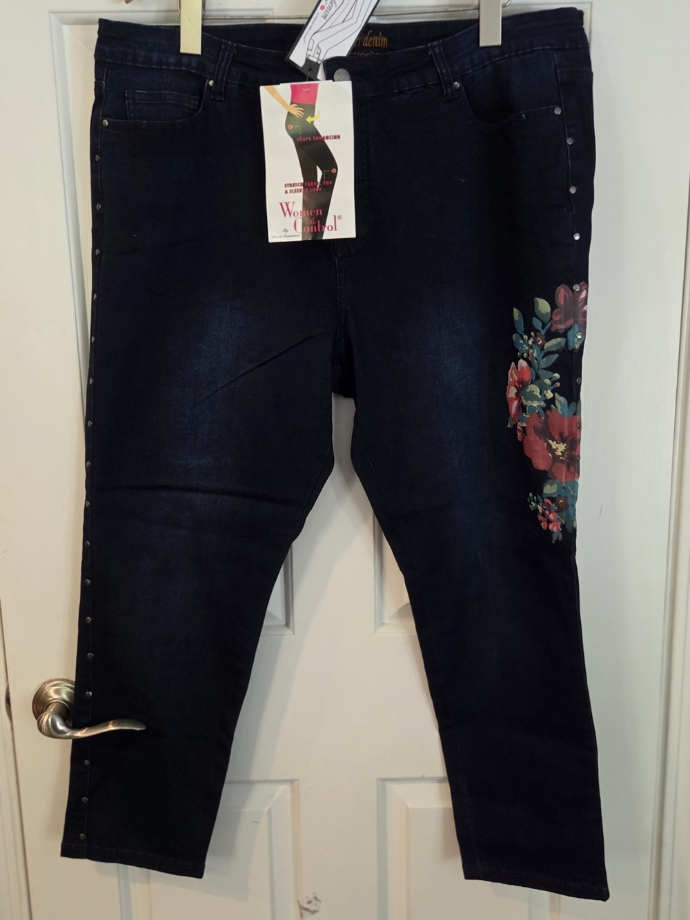 Women with Control Dark Blue Skinny Jeans with Studs And  Floral Side Print